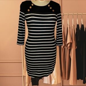 Striped Fitted Dress with 3/4 Sleeves and Sailor Style Buttons Shirt Dress